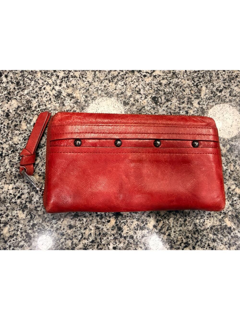 Perlina New York Red Leather Studded Zip-Around Wallet